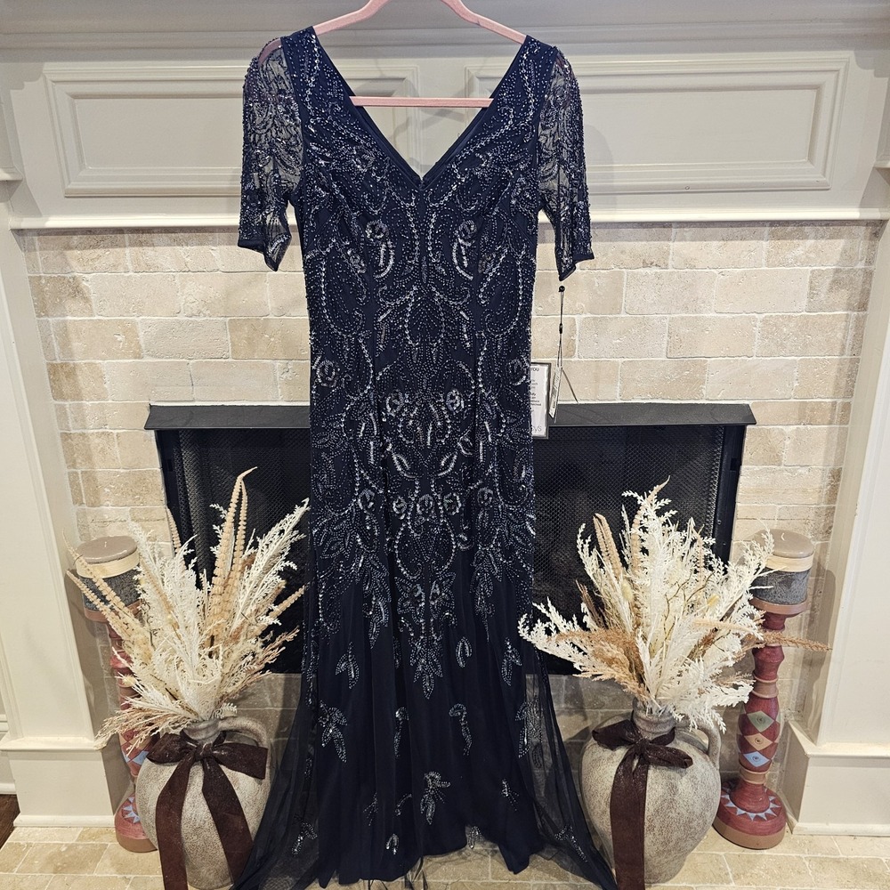Adrianna Papell Midnight Blue Beaded Formal Dress Mermaid Gown Petite 6 A-Line